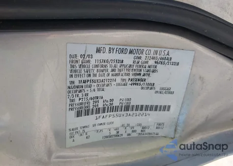 2003 Ford Taurus Ses z USA, uszkodzony, nr VIN 1FAFP55UX3A212214